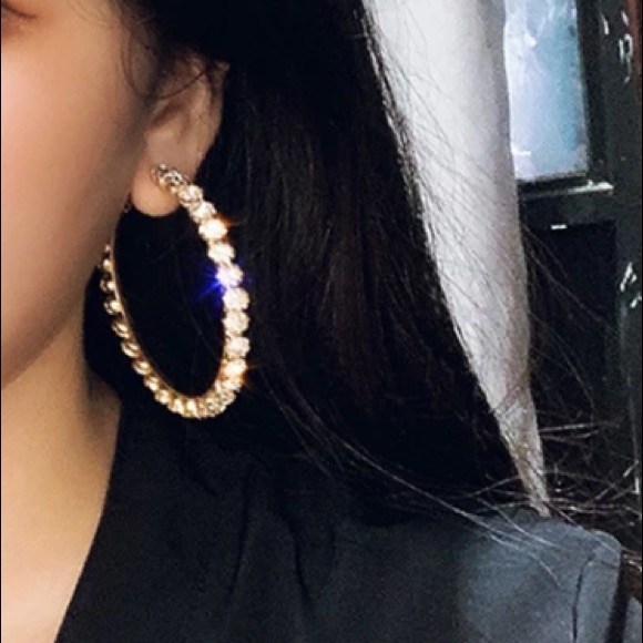 Gold Tone Big Hoop Rhinestone Earrings - Picture 4 of 6